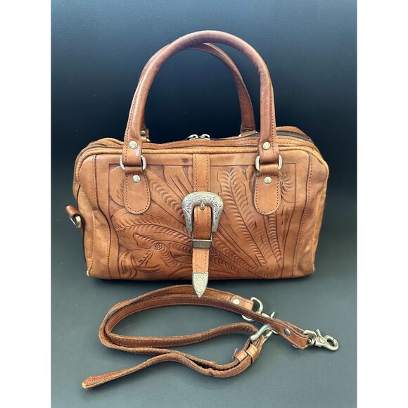 Force Ten Handbags - Vintage Hand Tooled Leather Satchel Bag Western Tooled Crossbody Purse Brown